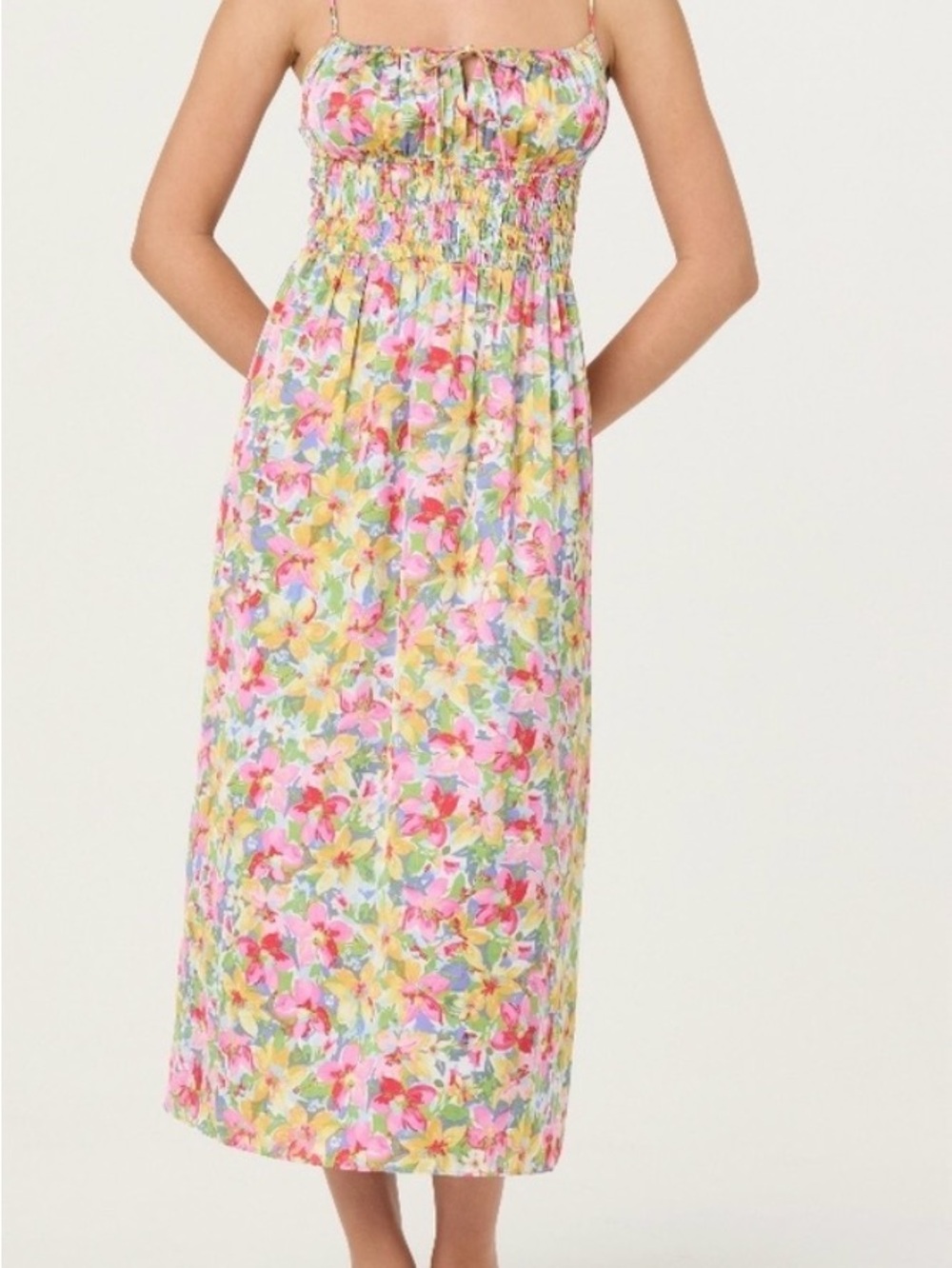 ASTR Floral Midi Dress in Pink, Yellow & Green